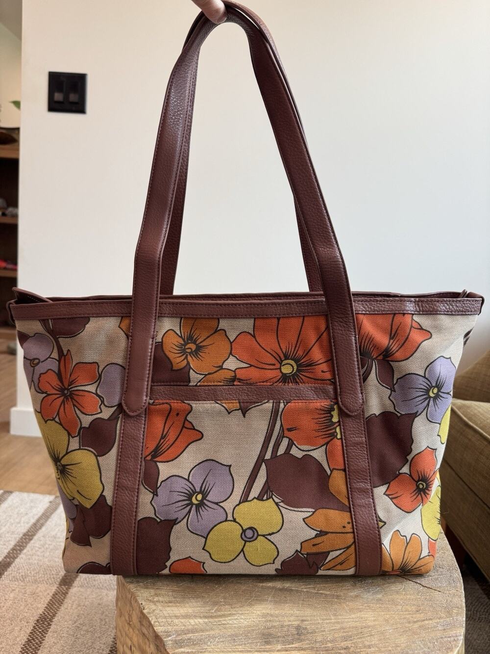 Vera Bradley Original Tote Large Zipper Brown Orange Purple Floral Trillium